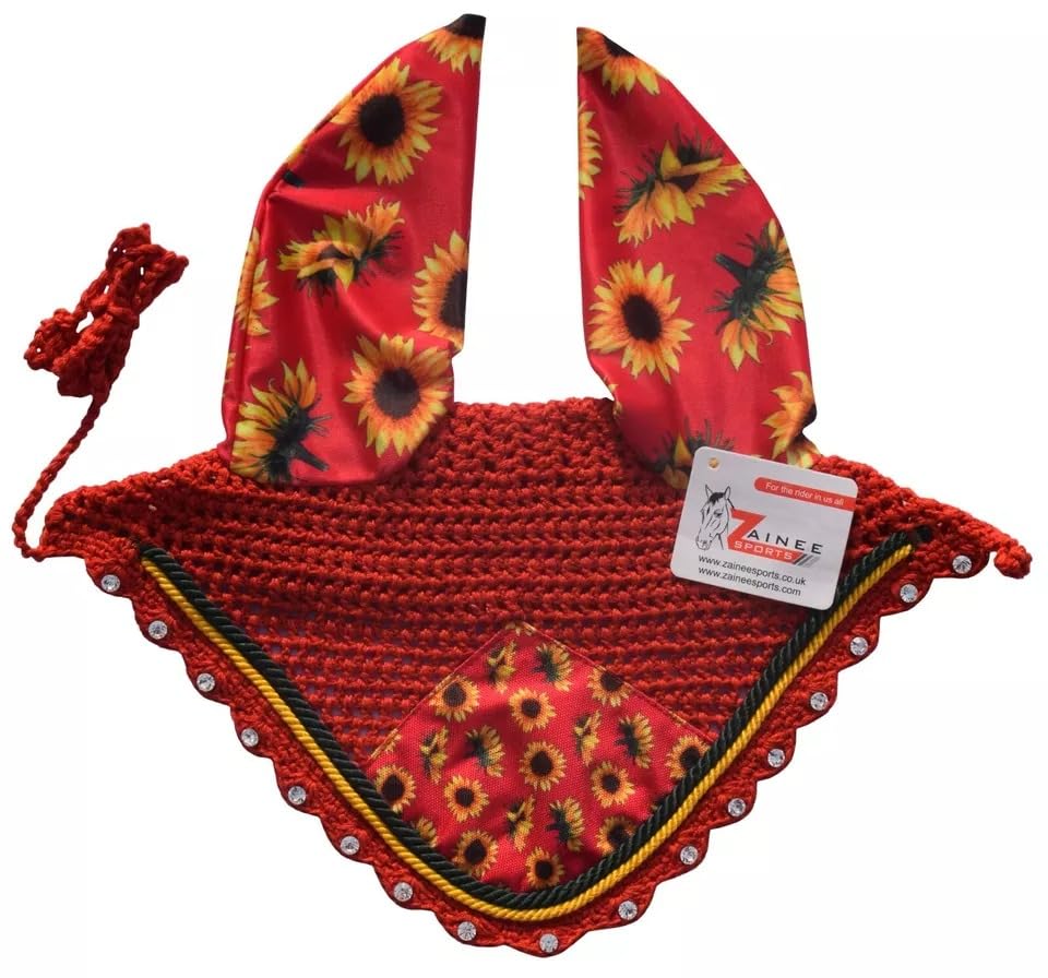 Red Sunflower All Purpose English Saddle Pad with Matching Fly Bonnet – Handmade Jumping Saddle Pad Set - size: COB