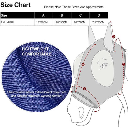 Super Comfort Stretchy Horse Fly Mask 2 Pcs Long Nose with Ears Space with UV Protection Soft on Skin with Breathability (Blue, Black - Full Size)