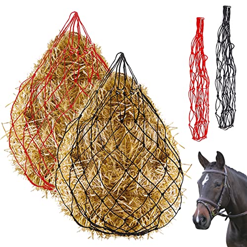 Glarks 2Pcs 36" Length with 5" x 5" Holes Nylon Ultra Slow Feed Hay Net, Black and Red Large Capacity Heavy Duty Poly Horse Hay Net Equine Feeding Bag for Trailer and Stall, Simulates Grazing