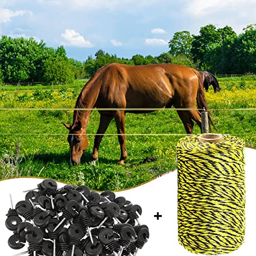 656 Feet Electric Fence Polywire & 50 Pcs Electric Fence Insulator, Portable Electric Fencing Poly Wire Rope Line 6 Steel Strands for Reliable Conductivity & Rust Resistance - size: 656 Ft + 50 Pcs Insulators