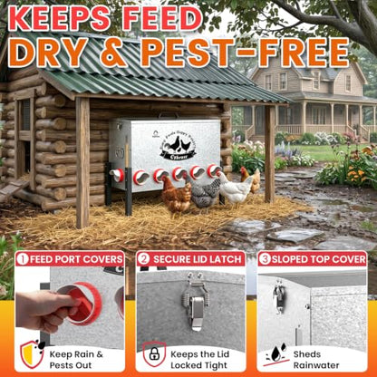 21-Gal Metal Automatic Chicken Feeder with 12 Feeding Ports - size: 21GAL-110LB