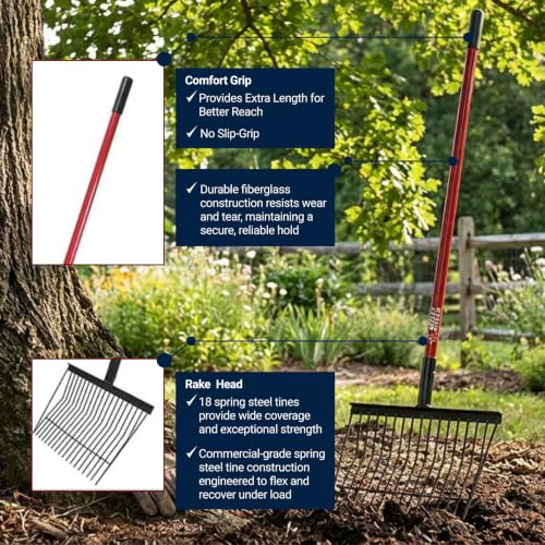 Bully Tools Stall Fork Tool - Heavy Duty 18-Spring Steel Tines Pitchfork with Long Fiberglass Handle, Ideal for Gardening, Farming, Bedding, Yard Cleaning and Transferring Hay - 100% Made in The USA