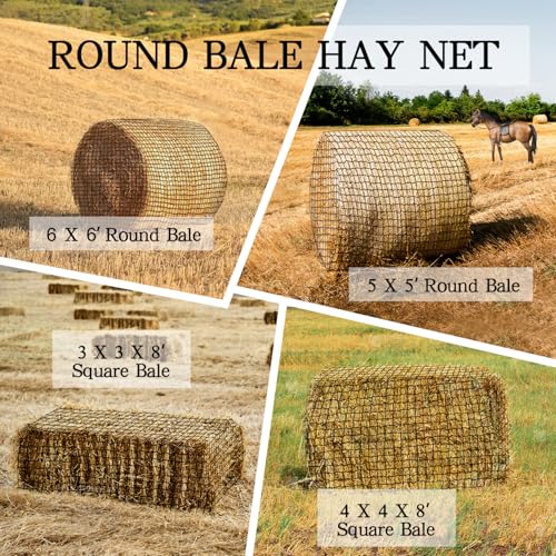 Large Round Bale Hay Net, 6 * 6FT Slow Feed Hay Net for Horses with 5mm Holes, Heavy Duty Haynet for Round Bale or Square Bale - size: 6*6FT