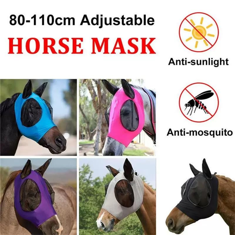 Super Comfort Stretchy Horse Fly Mask 2 Pcs Long Nose with Ears Space with UV Protection Soft on Skin with Breathability (Blue, Black - Full Size)