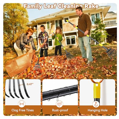 Rake, Garden Leaf Rakes for Lawns Heavy Duty, Yard Metal Rake Tools with 9" Small Narrow Rake Head, 65” Adjustable Long Handle, 11 Steel Tines, Quick Clean up Rake for Shrub, Flower Bed, Camping - style: 5 FT