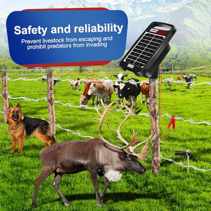 5 Miles Solar Powered Electric Fence Charger, 0.11J Portable for Livestock | 24/7 Day/Night Mode, Portable Solar Panel/AC Dual Power, 10200V Output,Weatherproof, Easy Setup, Deters predators for Gardens - size: 5M 0.11J