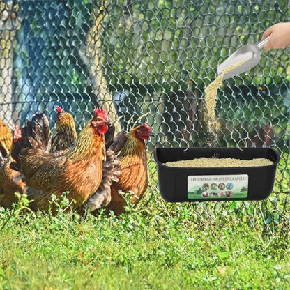 6 Pack Fence Feed Feeder 4.5 Quart Hanging Chicken Feeder Trough with Brush & Scoop Black Goat Hanging Fence Feeders Feeder with Hooks Screws & Zip Tie for Livestock Feeding Container Goats Supplies - color: Black, size: 6 Pack