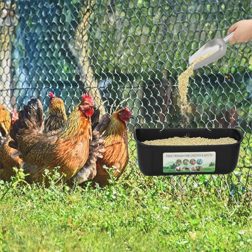 10 Pack Fence Feed Feeder 4.5 Quart Hanging Chicken Feeder Trough with Brush & Scoop Black Goat Hanging Fence Feeders Feeder with Hooks Screws & Zip Tie for Livestock Feeding Container Goats Supplies - color: Black, size: 10 Pack
