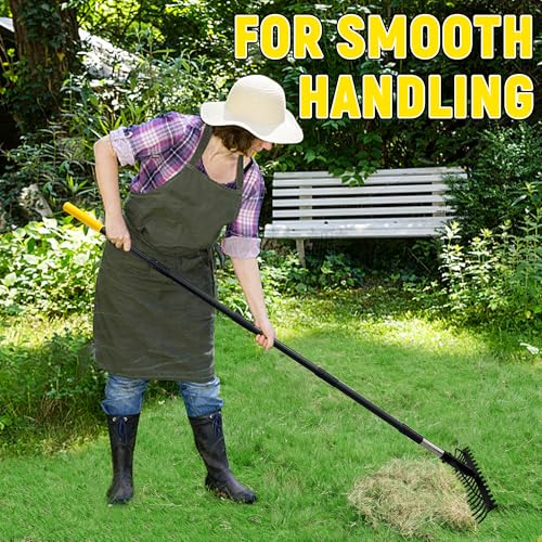 Bow Rake, 68-Inch Adjustable Handle Garden Rake with 17 Steel Tines, Heavy Duty Dual-Sided Metal Rake Landscape Gardening Tool for Soil Loosening Lawn Yard Leaves Mulch Thatch Removing