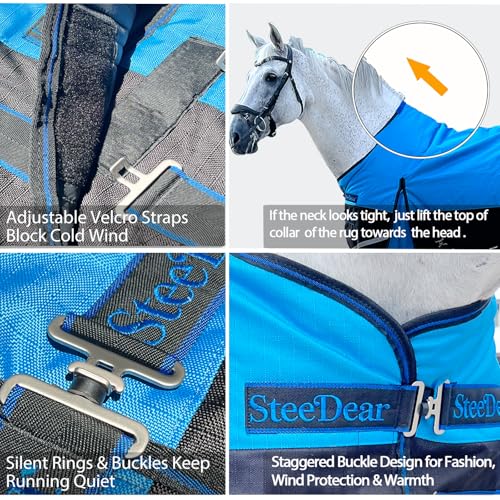 1200D Horse Blanket,Turnout Rain Sheet(No Fill),Blue/Black 69'' - color: Bright Blue/Black 0g Fill, size: 69''