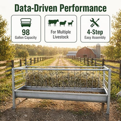 98 Gallon Goat Feeder, 2-in-1 Hay and Grain Livestock Feeder for Pasture