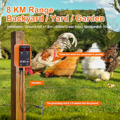 FarmNix 10KV Electric Fence Charger with LED Indicator, 5 Miles Electric Fence 1 Joules Pulse Energy,Waterproof Electric Fence Kit Suitable for Farm Animals,Pets,Poultry,Ranches and Gardens