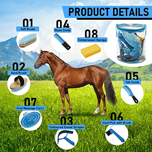 Cunhill 9 Pcs Horse Grooming Kit with Bag Curry Brushes,Cute,Blue - color: Blue, style: Cute