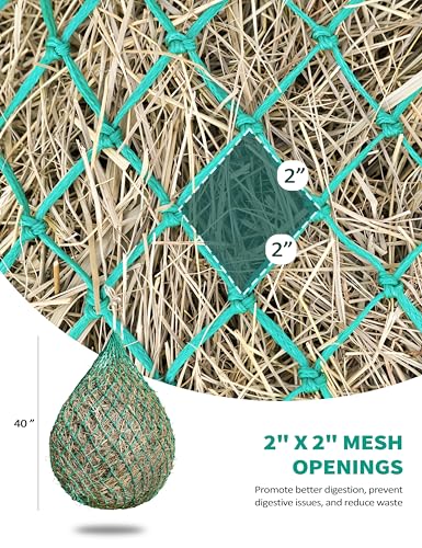 Harrison Howard Slow Feed Hay Net for Horses, 40 Inch Hay Bag Holds 1–2 Flakes, 2 Inch Mesh Durable Hanging Feeder for Stable, Pasture & Livestock-Grass Green - color: Grass green
