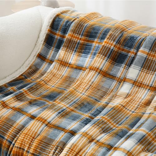 PU MEI Sherpa Blanket Queen Plaid Thick Bed Blanket, 80”*90” Super Soft Flannel Fuzzy Fleece Reversible Velvet Plush Warm Blanket for Couch (Blue Yellow Check) - color: Blue Yellow Check, size: 80"*90"