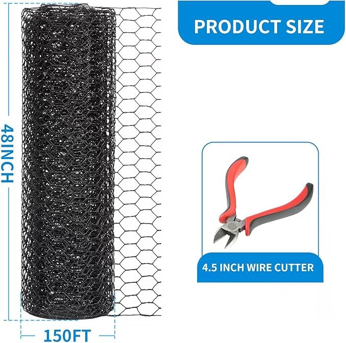 48'' x 50' Black Chicken Wire Fencing, 1 inch Chicken Wire and 19 Gauge Poultry Netting, Garden Mesh Fence Roll for Floral Arrangements/Crafts/Farm/Livestock/Pet Protection - size: 19 gauge 48'' x 50'