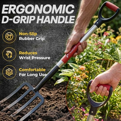 Digging Spading Fork Forged Steel with D Grip Handle 41” Premium 4-Tine Spading Digging Fork Sturdy Metal D-Grip Multi-Purpose Virtually Unbreakable Gardening Tool