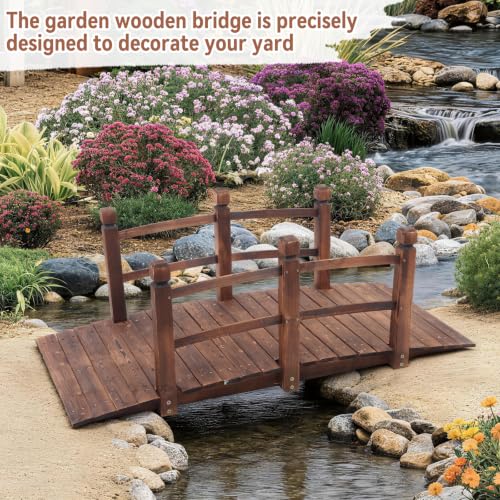 Outvita 5FT Stained Wooden Garden Footbridge with Safety Railings - size: 5ft-carbonated