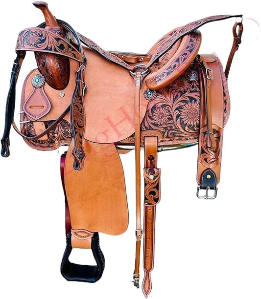 Western Horse Saddle Set Genuine Leather Hand Tooled Floral Cowboy Saddle Trail and Training Pleasure Riding Tack with Breast Collar Headstall Reins Stirrups and Cinch Rodeo Equestrian Gear - color: Brown, size: 14 Inch