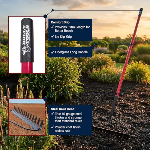 Bully Tools Bow Rake 16" Tines, Heavy Duty Steel Garden Rake for Leaves