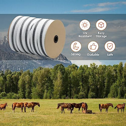 Electric Fence Poly Tape Horse Fencing Tape 656 Feet 200m, 2 Inch 50mm Width, 12 x 0.18mm Stainless Steel Conductors, White and Gray