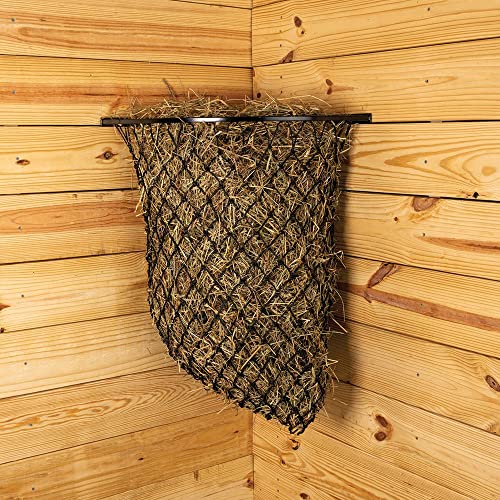 Corner Hay Feeder Frame with Net | Color Black Horse Stable Essential | Easy Load Open Top | Slow Feed Hay Net | Safety Hooks | 5-Year Warranty
