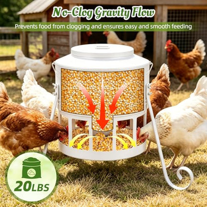 Metal Chicken Feeder, 20Lbs Large No Waste Chicken Feeder with 12 Ports, Heavy Duty Poultry Feeder with Lid & Handle, Rat Proof Rust Proof Feed Box for Chickens Ducks Geese Backyard Farm (White) - color: White