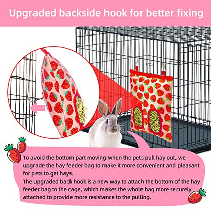 Rabbit Hay Feeder, Hanging Guinea Pig Hay Feeder Bag for Bunny Chinchilla Hamster with Back Hooks, 2 Holes, 9.8x11.4Inch - color: Strawberry