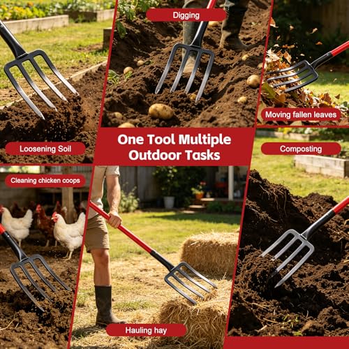 47IN Garden Pitchfork, One-piece Design 4-Tine Garden Fork Heavy Duty Digging Manure Forks for Potato Digging Mulch Spreading Loosening Soil Hay Compost Aeration Transplanting Farm Garden