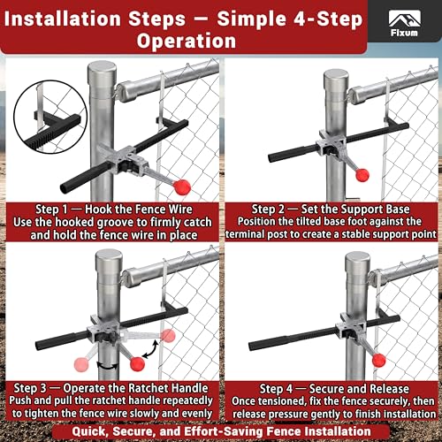 Chain Link Fence Stretcher Tool, Ratcheting Wire Fence Tightener & Puller for Woven Wire Fence, 3″–12″ Tension Range, 5° Tilted Base & Hooked Groove, One-Hand Operation for Farm & Yard - color: Black