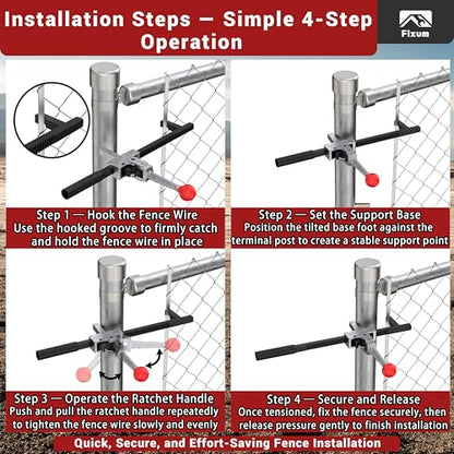 Chain Link Fence Stretcher Tool, Ratcheting Wire Fence Tightener & Puller for Woven Wire Fence, 3″–12″ Tension Range, 5° Tilted Base & Hooked Groove, One-Hand Operation for Farm & Yard - color: Black