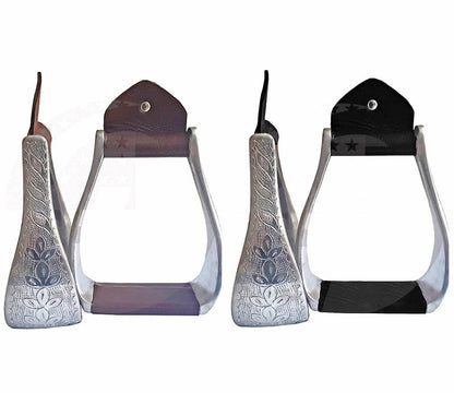 Aluminum Engraved 4.75" Western Horse Bell Stirrups with Original Leather - color: BLACK LEATHER