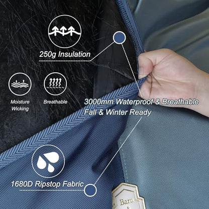 BARN & STABLE 1680Denier 3000mm/3000mvp Super Waterproof & Breathable Horse Blankets for Winter with 250g Fill