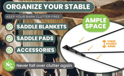 Five Leaf Clover Saddle Pad Rack - Swinging Horse Blanket Holder (2 Pack), 3 Bar Wall Mounted Storage Organizer Racks for Equestrian Tack, Saddle Pads, Bridle - Complete with Grooming Gloves