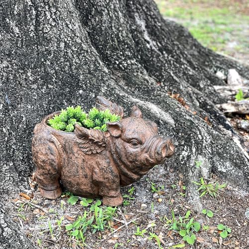 Zeckos Animal Planter, 17 Inch Flying Pig with Distressed Brown Finish | Magnesium Oxide, Drain Hole, 8 by 5 Inch Planting Opening, Indoor or Outdoor Use - color: Pig Wings - Brown