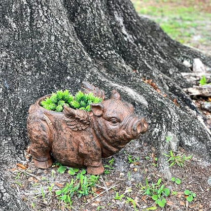 Zeckos Animal Planter, 17 Inch Flying Pig with Distressed Brown Finish | Magnesium Oxide, Drain Hole, 8 by 5 Inch Planting Opening, Indoor or Outdoor Use - color: Pig Wings - Brown