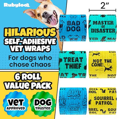 Funny Vet Wrap for Dogs, 2in Self-Adhesive Bandage Tape, 6 Pack Boys | Dog first aid kit supplies; Hot Spot & Wound Wrap; Breathable; Easy Tear; Individually Wrapped; Sticks to Itself, Not Fur - color: King of Chaos (6 Count)