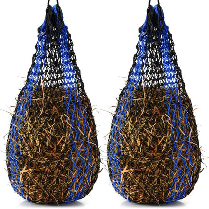 2 Pcs Slow Feed Hay Bag 36 Inch Ultra Slow Hay Feeders 1.5 x 1.5 Inch Holes Hay Nets for Horses Goat Livestock Horse Supplies, Black and Blue