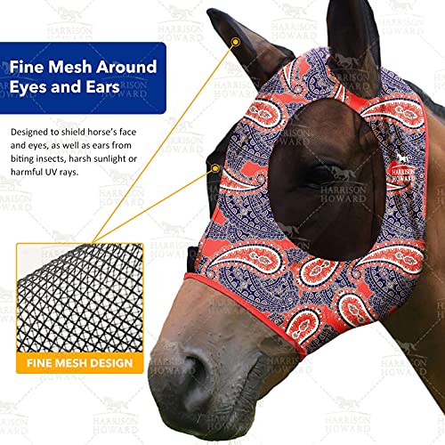 Harrison Howard Super Comfort Stretchy Fitting Horse Fly Mask with UV Protection Soft on Skin with Breathability Orange Paisley M Cob