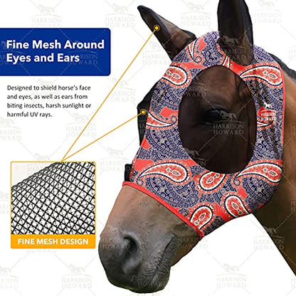 Harrison Howard Super Comfort Stretchy Fitting Horse Fly Mask with UV Protection Soft on Skin with Breathability Orange Paisley M Cob