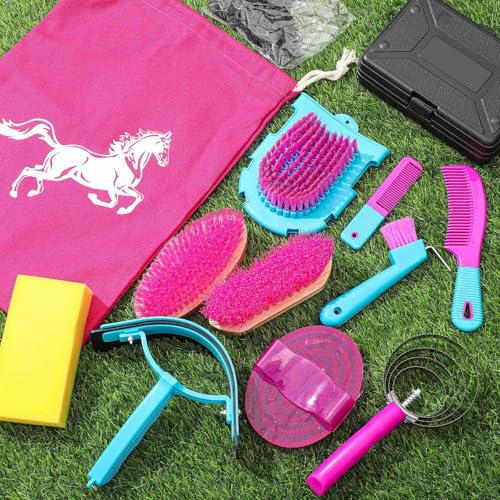 Abbylike 12 Pieces Horse Grooming Kit Equine Care Brushes, Rose Red - color: Rose Red