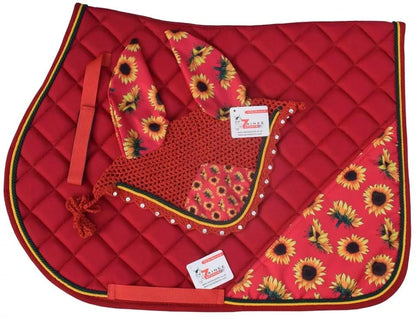 Red Sunflower All Purpose English Saddle Pad with Matching Fly Bonnet – Handmade Jumping Saddle Pad Set - size: COB