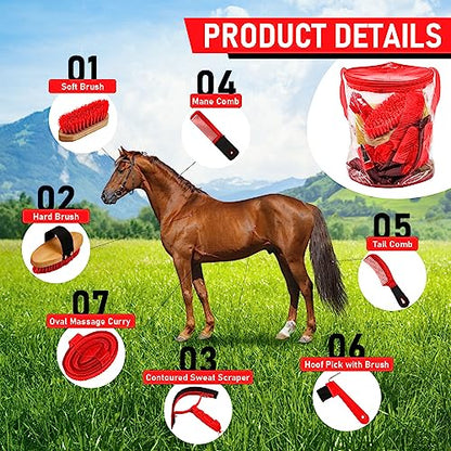 Cunhill 9 Pcs Horse Grooming Kit Tack Room Supplies, Cute, Red - color: Red, style: Cute
