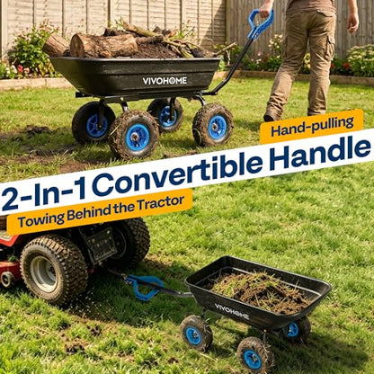 VIVOHOME 660lbs Wheelbarrow Dump Garden Cart with 2-in-1 Convertible Handle | Attach to ATV or Tractor, 10" All Terrain Wheels, Heavy Duty Utility Trailer for Yard - color: Blue