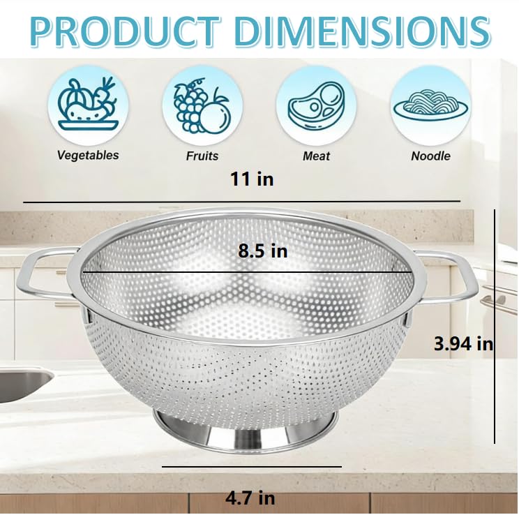 304 Stainless Steel Colander, Micro-Perforated 3-Quart Strainer with Base, Dishwasher Safe. Great for Pasta, Noodles, Vegetables & Fruits - size: 3QT