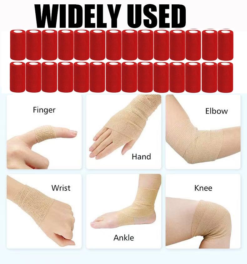 54 Pack Red Self Adhesive Bandage Wrap Bulk 4 Inch x 5 Yards Cohesive Bandage,Vet Wrap Breathable Elastic Self-Adherent Tape for Stretch Athletic Sports Wrist Ankle Dogs Pet Vet Wrap - color: Red