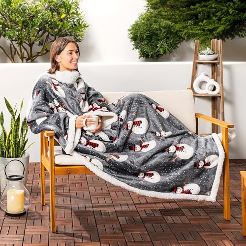 PAVILIA Sherpa Wearable Blanket with Sleeves for Adults Women Men, Soft Warm Full Body Wrap Fleece Throw, Pocket, Cozy Pullover Robe Blanket with Arm, Gifts for Christmas Mom Wife, Snowman - color: Snowman Gray