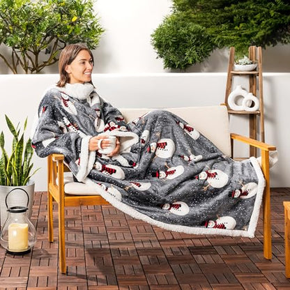 PAVILIA Sherpa Wearable Blanket with Sleeves for Adults Women Men, Soft Warm Full Body Wrap Fleece Throw, Pocket, Cozy Pullover Robe Blanket with Arm, Gifts for Christmas Mom Wife, Snowman - color: Snowman Gray
