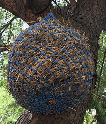 Majestic Ally 2 Pcs 1.25”x1.25” Holes Ultra Slow Feed 40” Very Sturdy Hay Net with Bottom Ring for Goat, Sheep and Livestock Simulatr grazing, Reduces Waste (Hurricane Blue) - color: Hurricane Blue