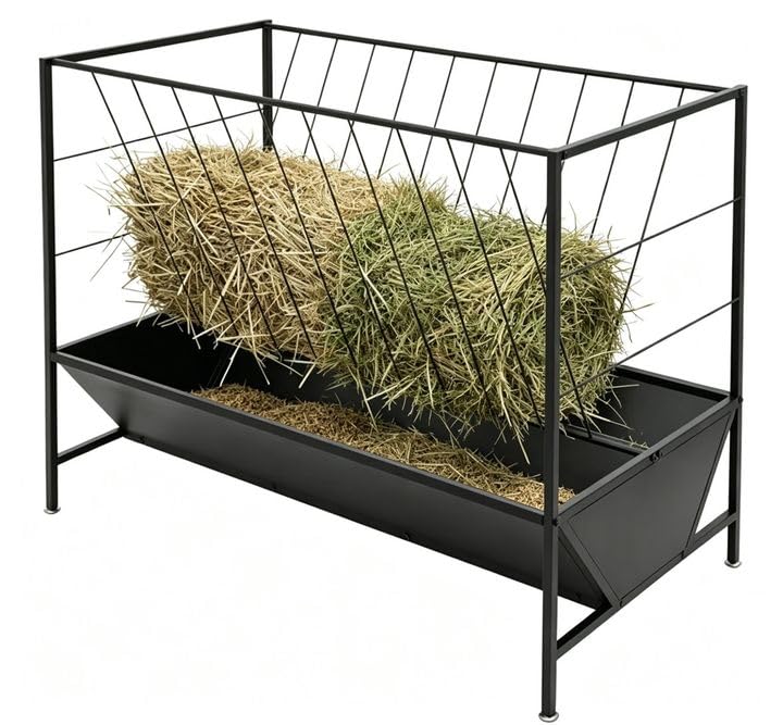 Multi-Purpose Hay Feeder, 45 Gallon Hay Storage with 25 Gallon Grain Feed Water Trough, Heavy Duty Metal Livestock Rack for Goat, Sheep, Horse, Cow, Pig, Indoor Outdoor Use